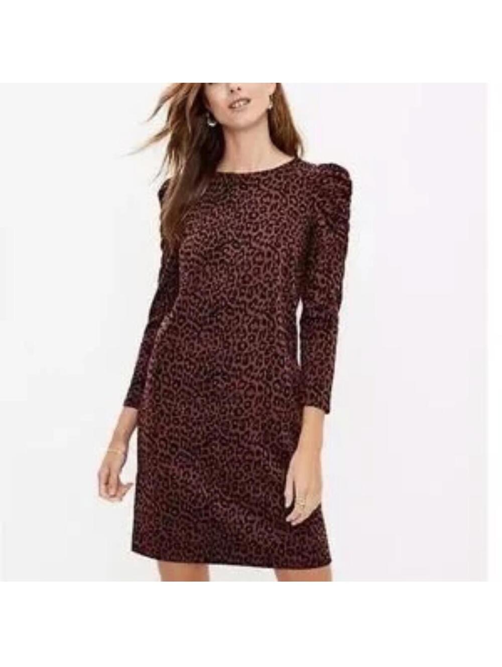 LOFT Brown Leopard Print Long Puff Sleeve Dress Size Small